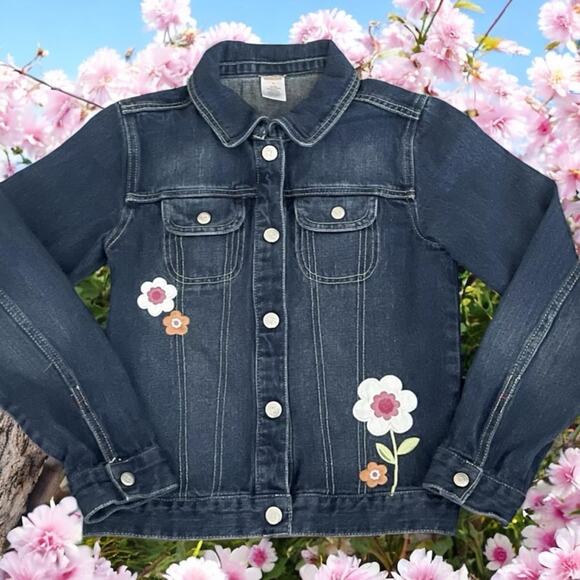 Gymboree Dark Blue Denim Jacket with Floral Accents Size Small 5 6 - Picture 1 of 5